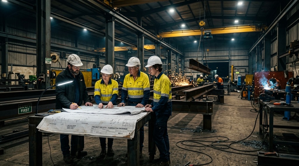 Engineers reviewing blueprints on a steel fabrication floor